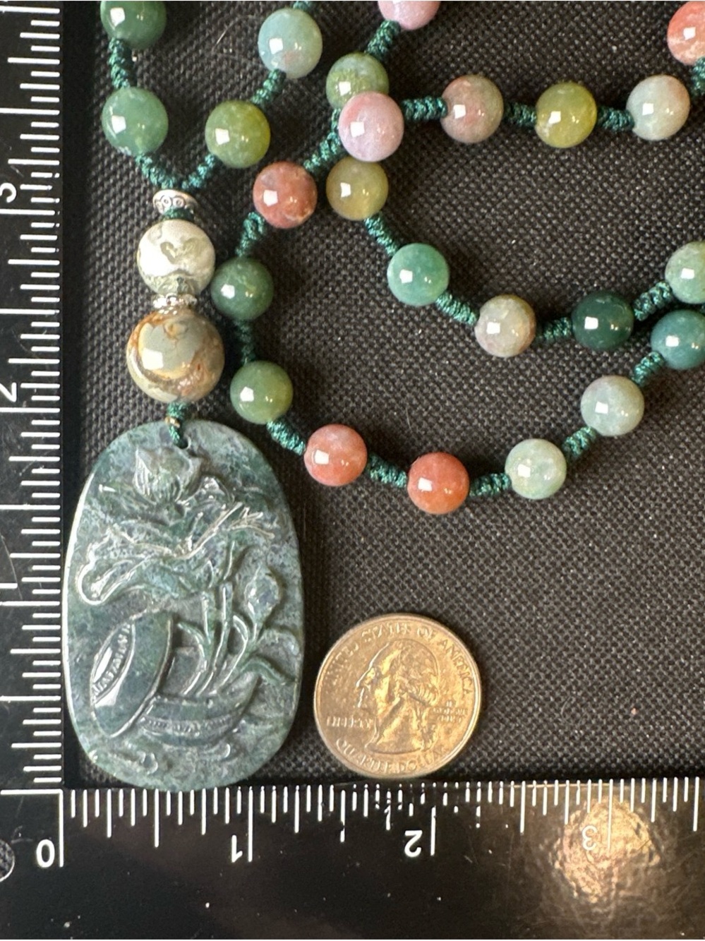 Moss Agate Potted Flower Carving Pendant  Necklace on Colorful Beaded Rope - Picture 12 of 13